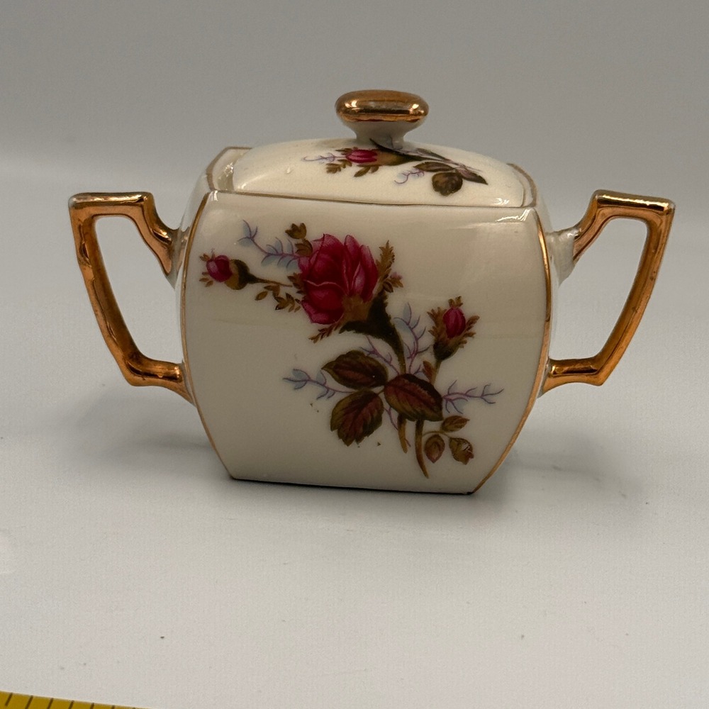 Vintage Royal Sealy China Pink Rose Lidded Sugar Bowl Gold Gilded Japan Decor